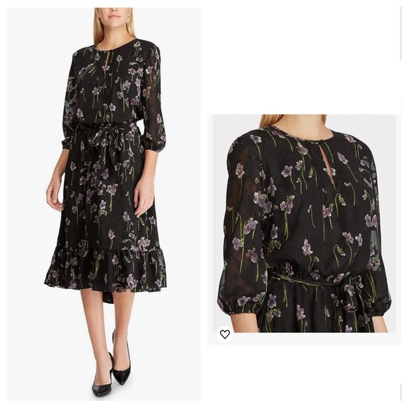 Lauren Ralph Lauren 3/4 Sleeve Jewel Neck, Midi A-Line Evening Dress - Picture 2 of 10